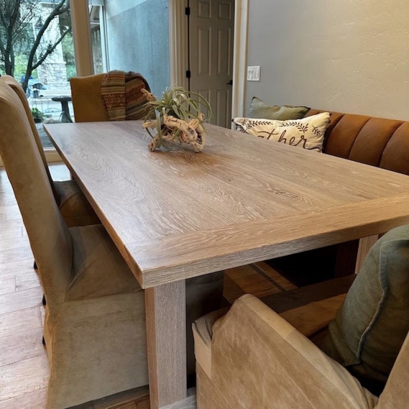 Custom RÉMY Dining Table - Seawashed Cerused Finish, Breadboard Ends, Beam Legs - Coastal & Farmhouse Style