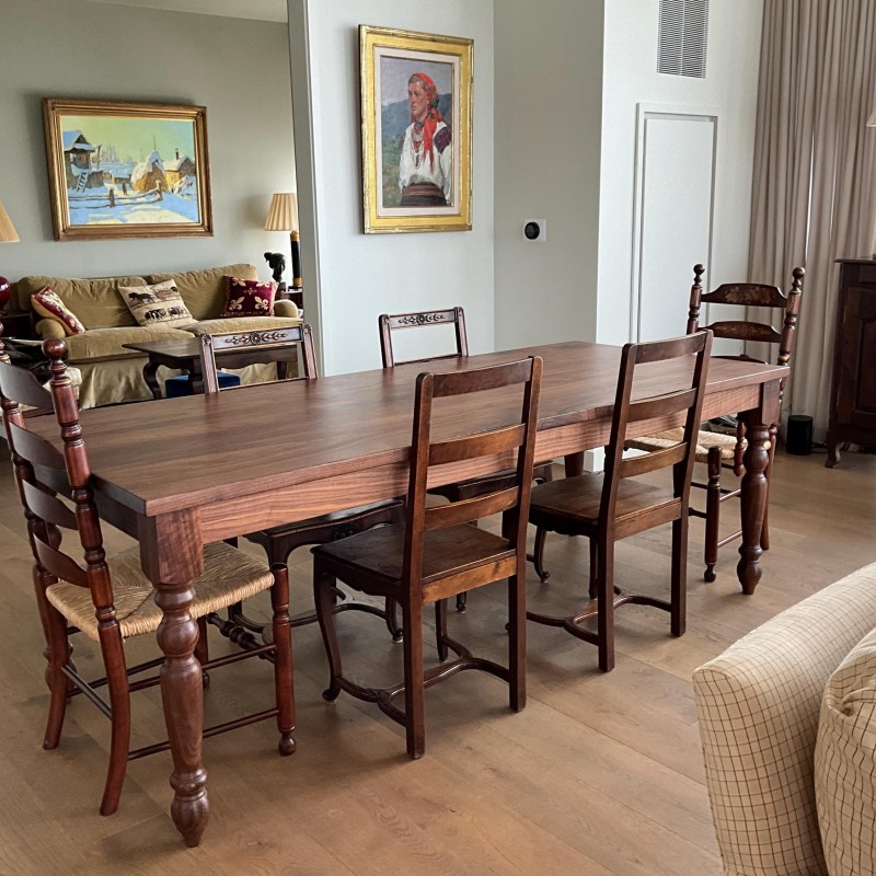 TESS Walnut Farmhouse Dining Table - Turned Legs, Custom Sizing, Extensions Available - Heirloom Quality Furniture