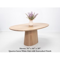 CATE Custom Dining Table - Cerused Finish, Pedestal Base, Under-Beveled Edge - Space-Saving Design for Gatherings