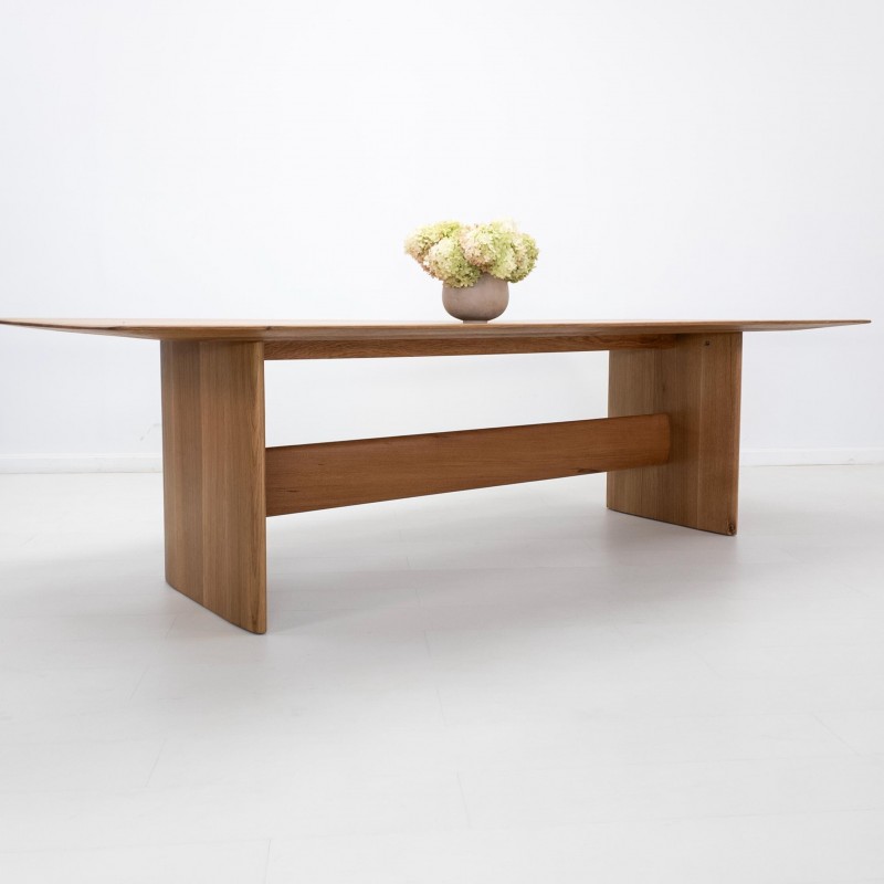 THEO Handcrafted Dining Table - Rift-Sawn White Oak, Trestle Base, Under-Beveled Edge, Custom Sizing Available